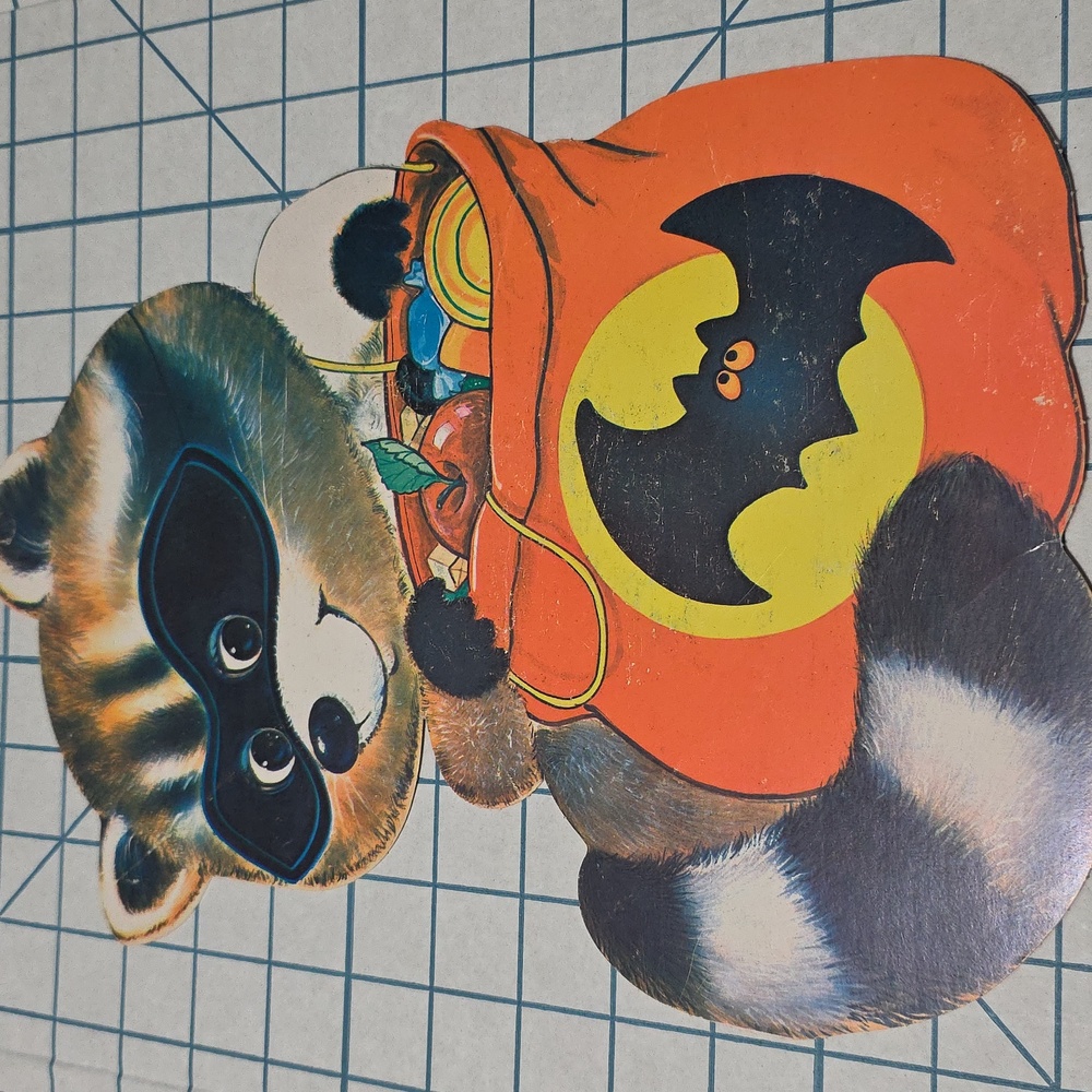 Vintage Halloween Die‎ Cut Decoration Raccoon Mask & Candy Bag 13" Double Sided - Picture 5 of 9